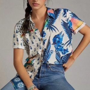 ANTHROPOLOGIE FARM RIO SURF BUTTON DOWN TOUCAN PINEAPPLE SIZE MEDIUM